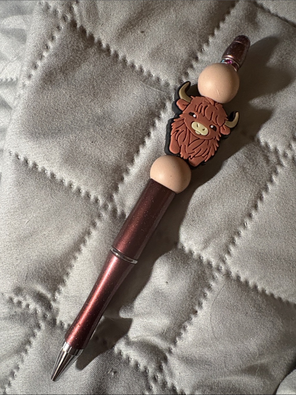Kids Cute Highland Cow Beaded Pen - Pink Brown